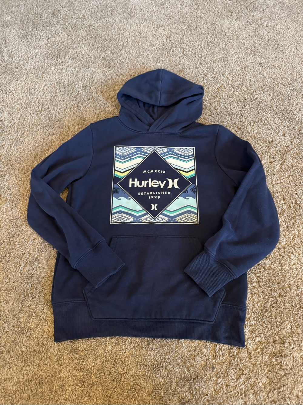 Hurley Navy Pullover Hoodie with Geometric Logo Panel